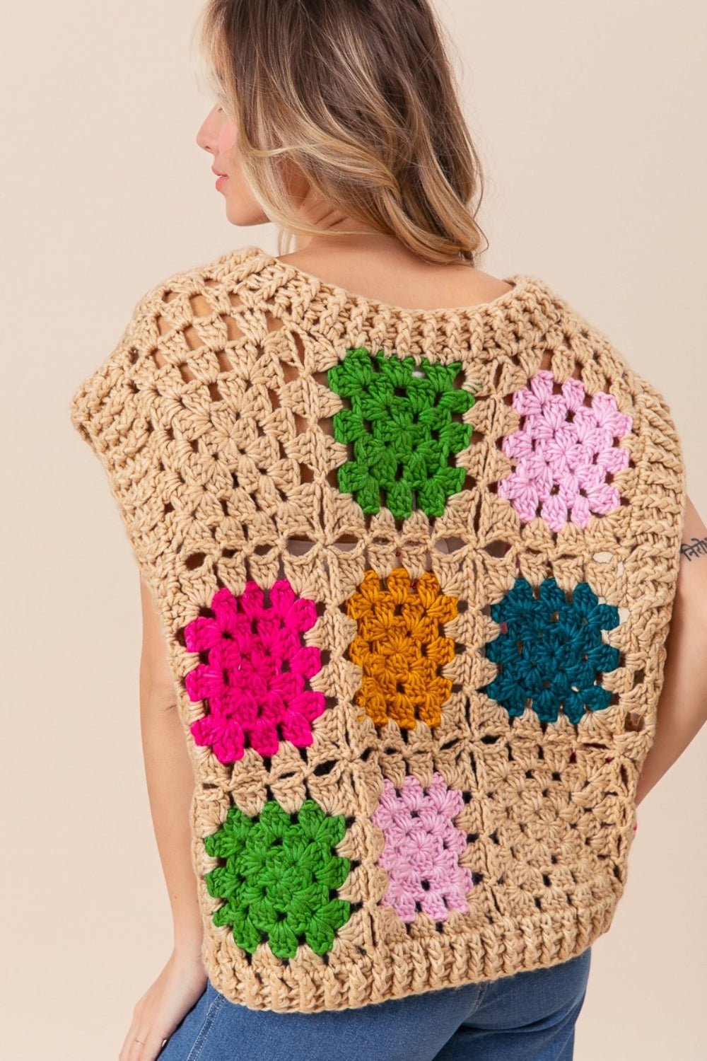 BiBi Granny Square Openwork Sweater Vest - Admiresty