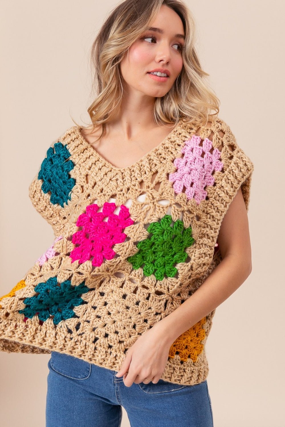 BiBi Granny Square Openwork Sweater Vest - Admiresty