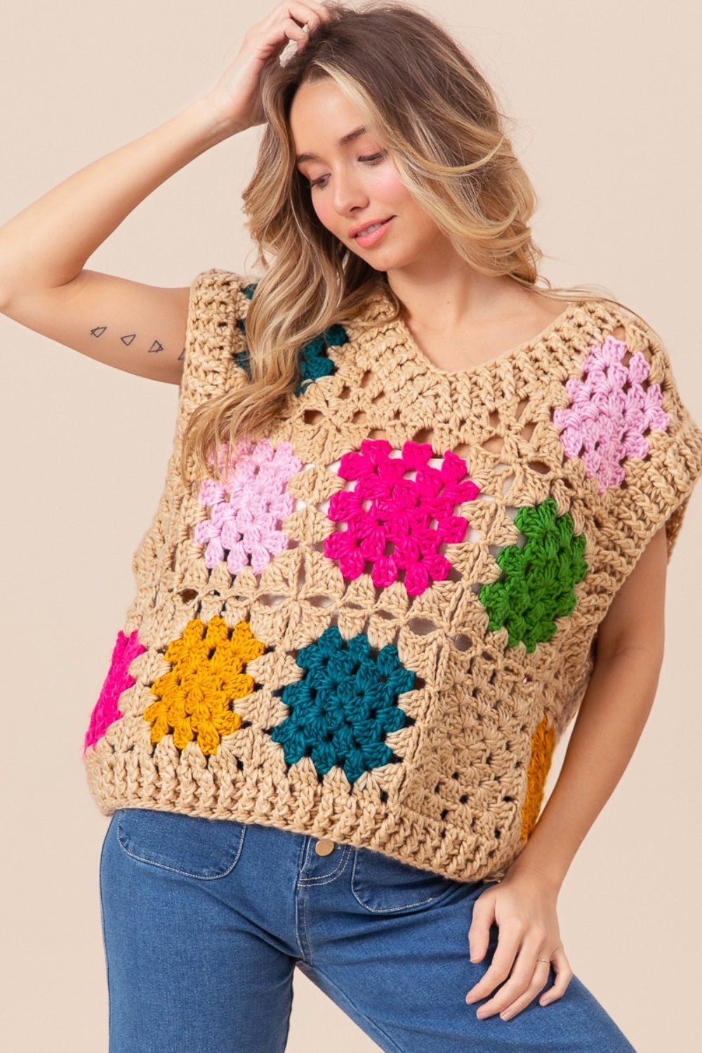 BiBi Granny Square Openwork Sweater Vest - Admiresty