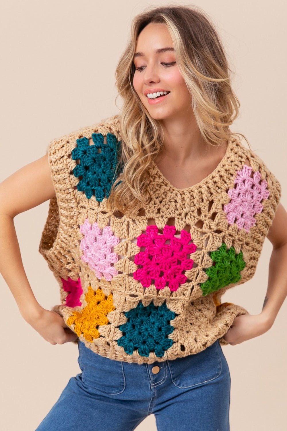 BiBi Granny Square Openwork Sweater Vest - Admiresty