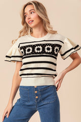 BiBi Granny Square Short Sleeve Striped Sweater - Admiresty