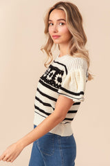 BiBi Granny Square Short Sleeve Striped Sweater - Admiresty