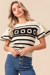 BiBi Granny Square Short Sleeve Striped Sweater - Admiresty