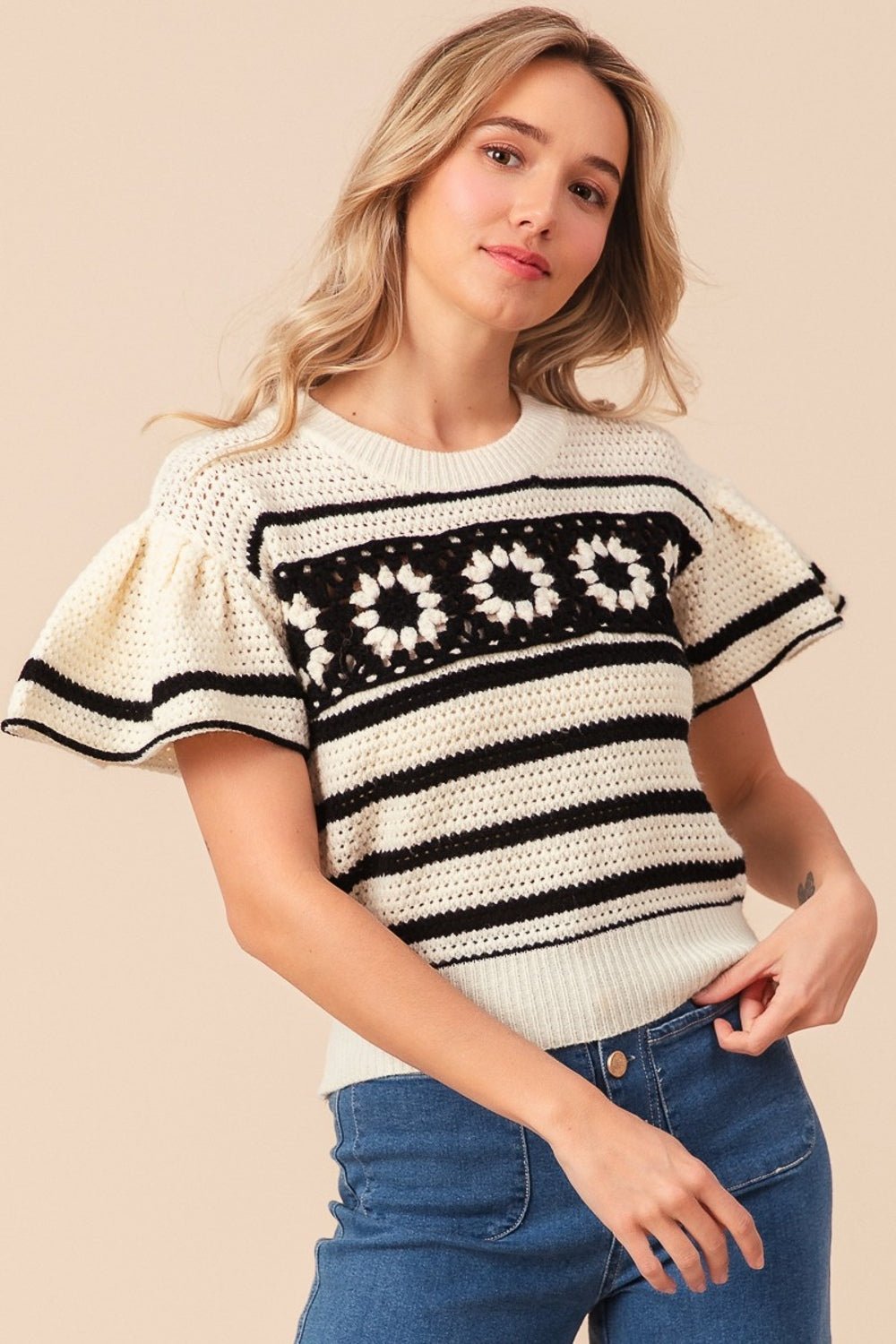 BiBi Granny Square Short Sleeve Striped Sweater - Admiresty