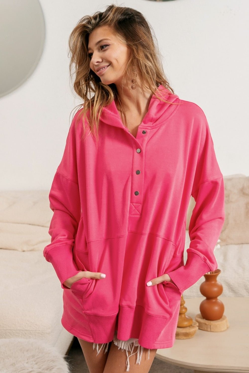 BiBi Half Snap Thumbhole Long Sleeve Hoodie - Admiresty