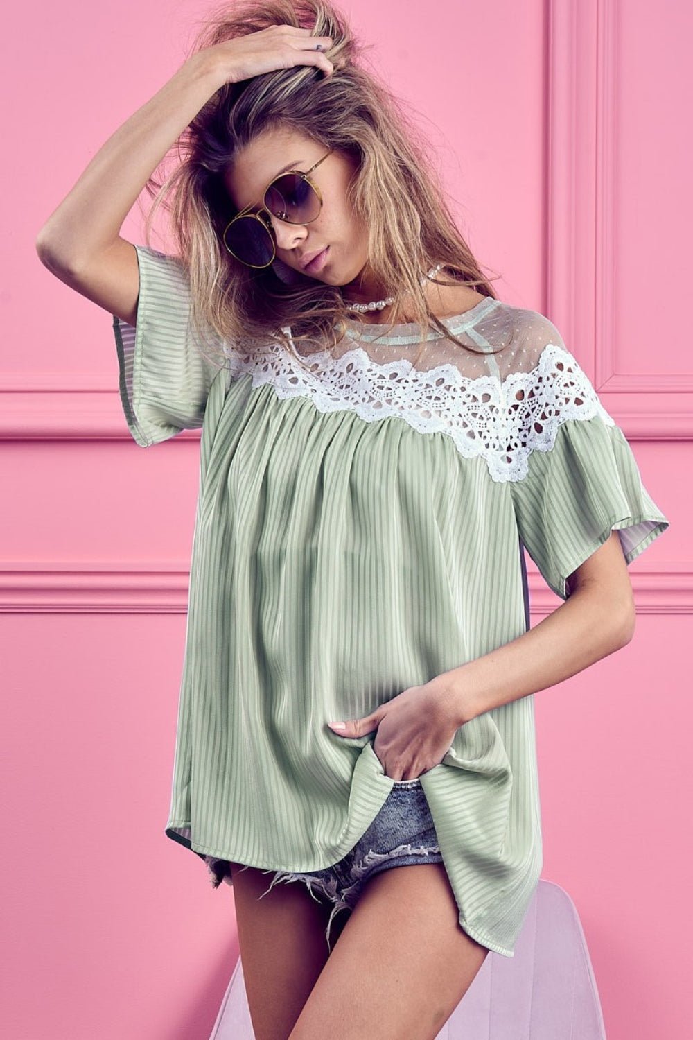 BiBi Lace Detail Short Sleeve Striped Blouse - Admiresty