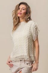 BiBi Layered Pleat Chiffon Edge Cable Knit Top - Admiresty