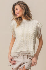 BiBi Layered Pleat Chiffon Edge Cable Knit Top - Admiresty