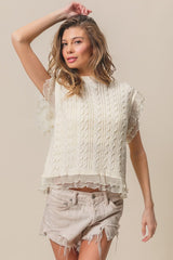 BiBi Layered Pleat Chiffon Edge Cable Knit Top - Admiresty