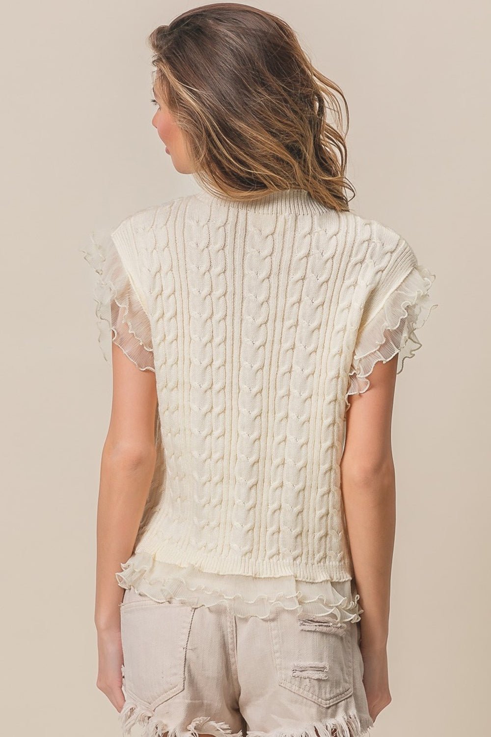 BiBi Layered Pleat Chiffon Edge Cable Knit Top - Admiresty