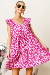 BiBi Leopard Cap Sleeve Tiered Mini Dress - Admiresty