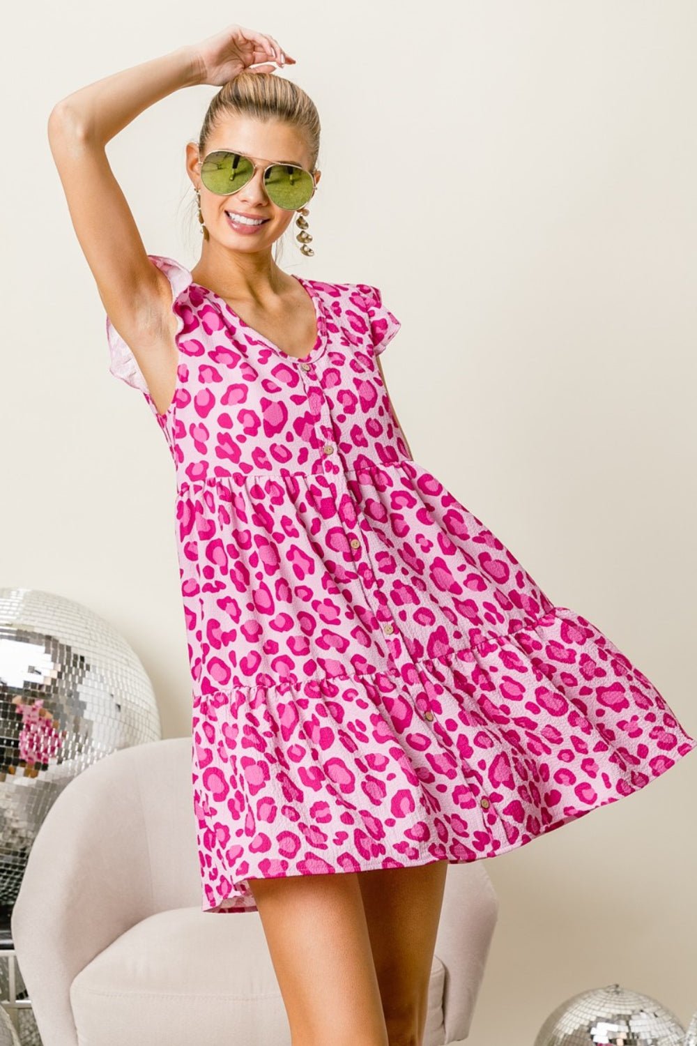 BiBi Leopard Cap Sleeve Tiered Mini Dress - Admiresty