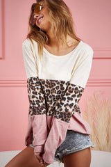 BiBi Leopard Color Block Long Sleeve T-Shirt - Admiresty