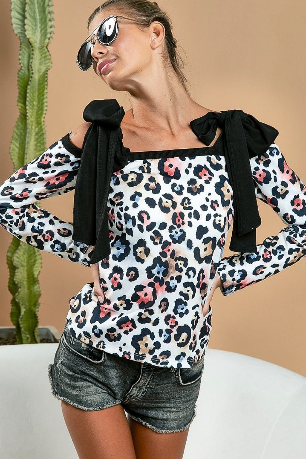 BiBi Leopard Shoulder Tie Long Sleeve Top - Admiresty