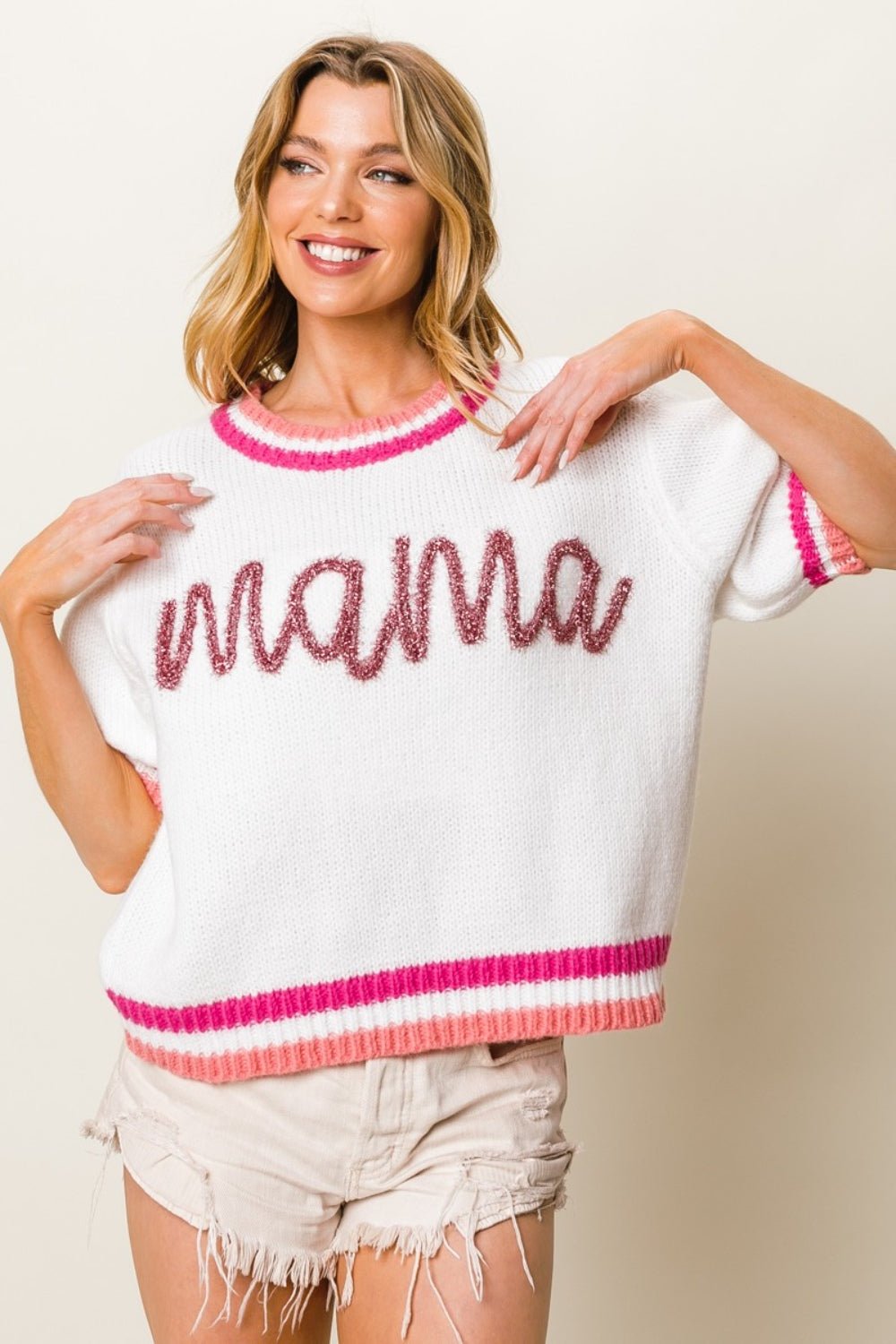 BiBi MAMA Contrast Trim Short Sleeve Sweater - Admiresty