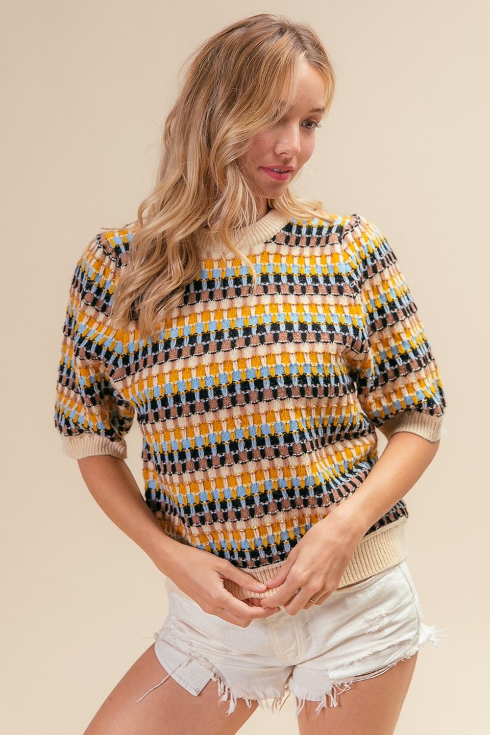 BiBi Multi Color Half Sleeve Sweater - Admiresty