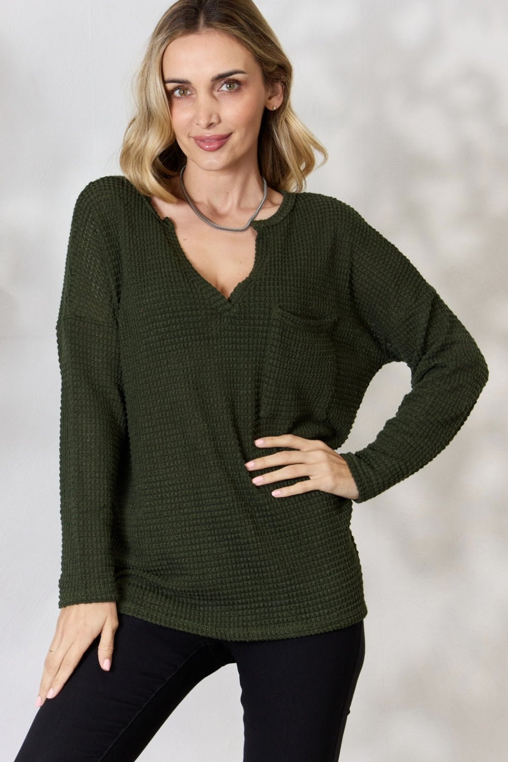 BiBi Notched Popcorn Waffle Long Sleeve Top - Admiresty