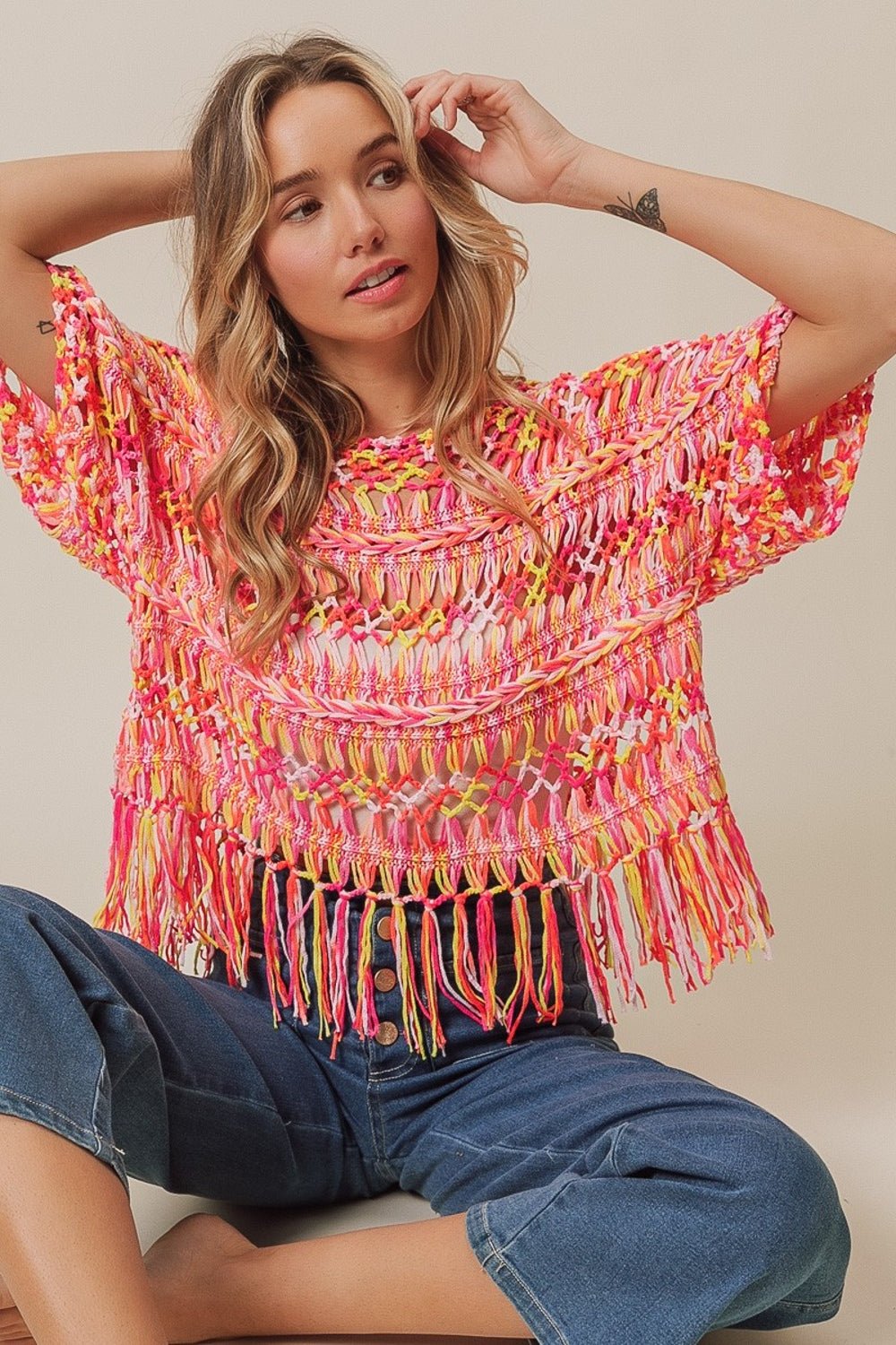 BiBi Openwork Fringed Knit Cover Up - Admiresty