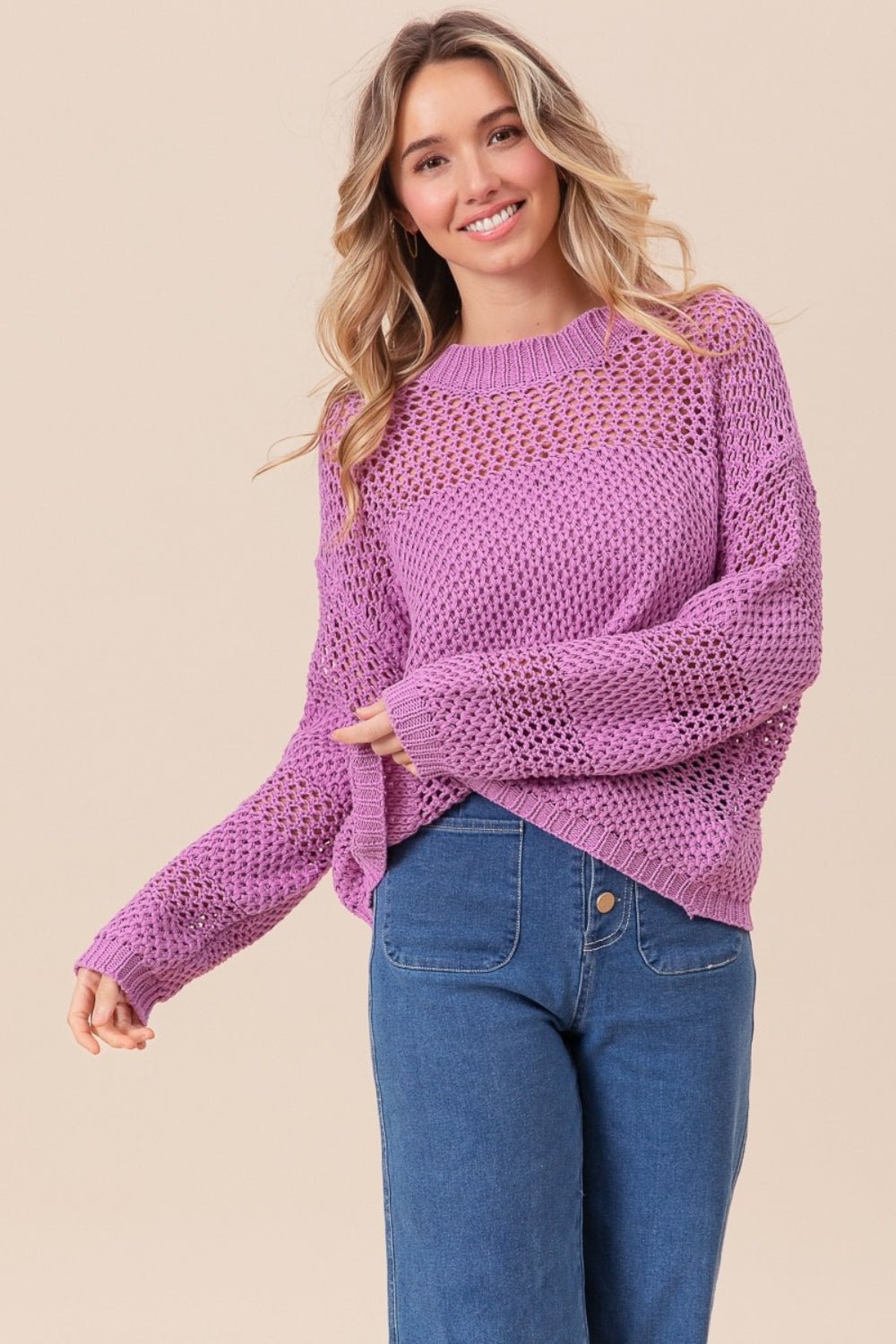 BiBi Openwork Long Sleeve Knit Top - Admiresty