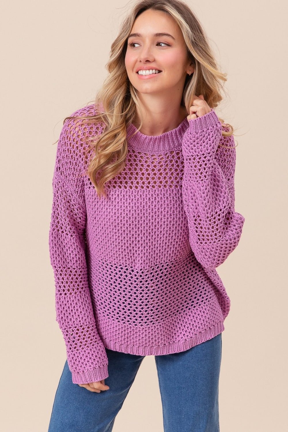 BiBi Openwork Long Sleeve Knit Top - Admiresty