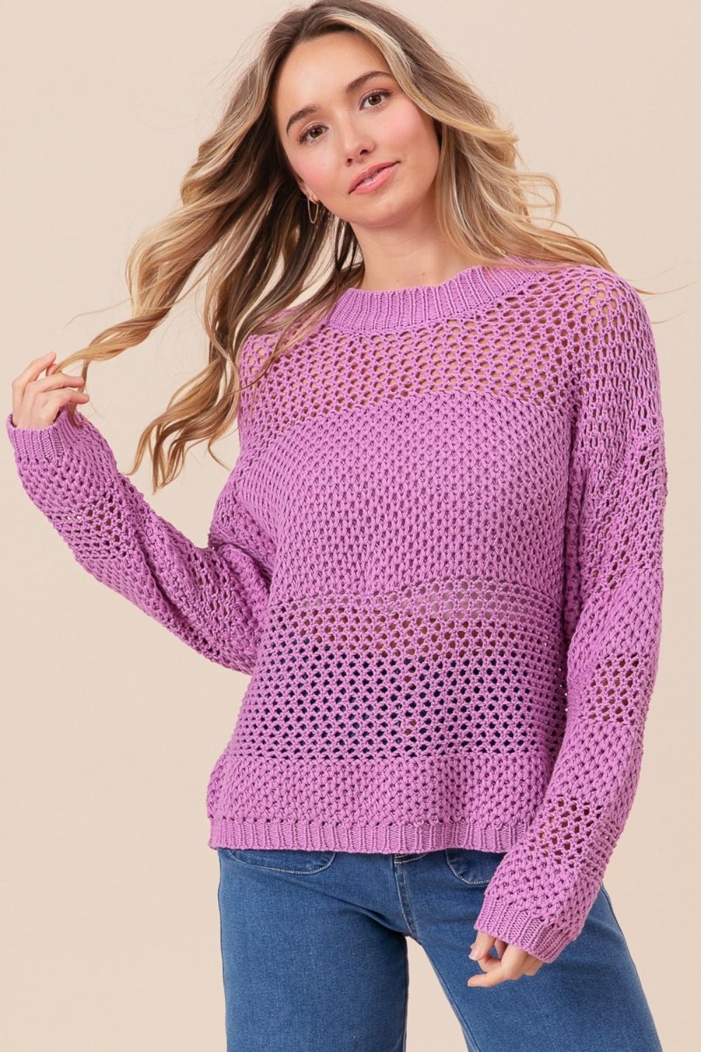 BiBi Openwork Long Sleeve Knit Top - Admiresty