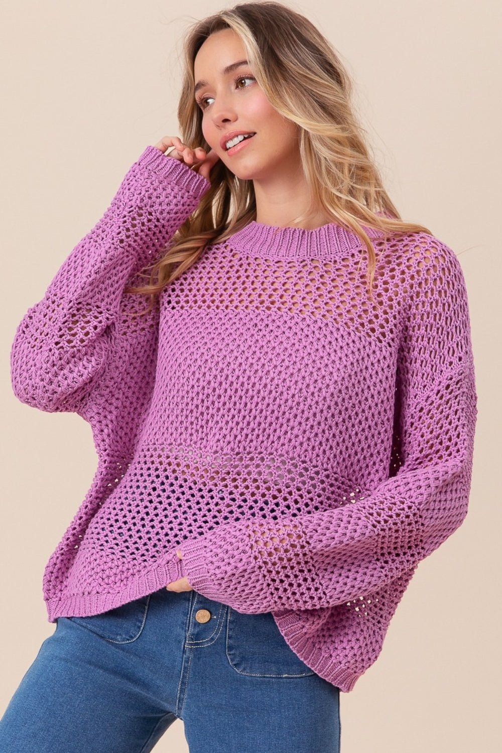 BiBi Openwork Long Sleeve Knit Top - Admiresty