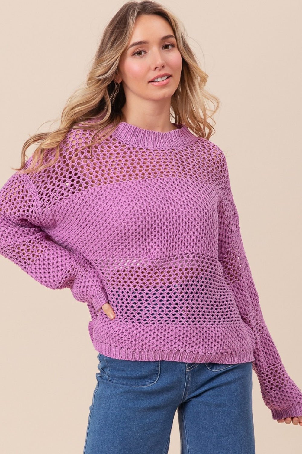 BiBi Openwork Long Sleeve Knit Top - Admiresty