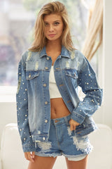 BiBi Pearl Detail Distressed Button Up Denim Jacket - Admiresty