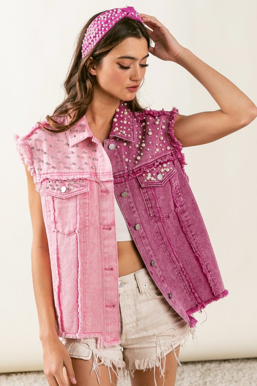 BiBi Pearl & Rhinestone Decor Contrast Raw Hem Vest Coat - Admiresty