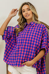 BiBi Plaid Button Up Dolman Sleeve Shirt - Admiresty