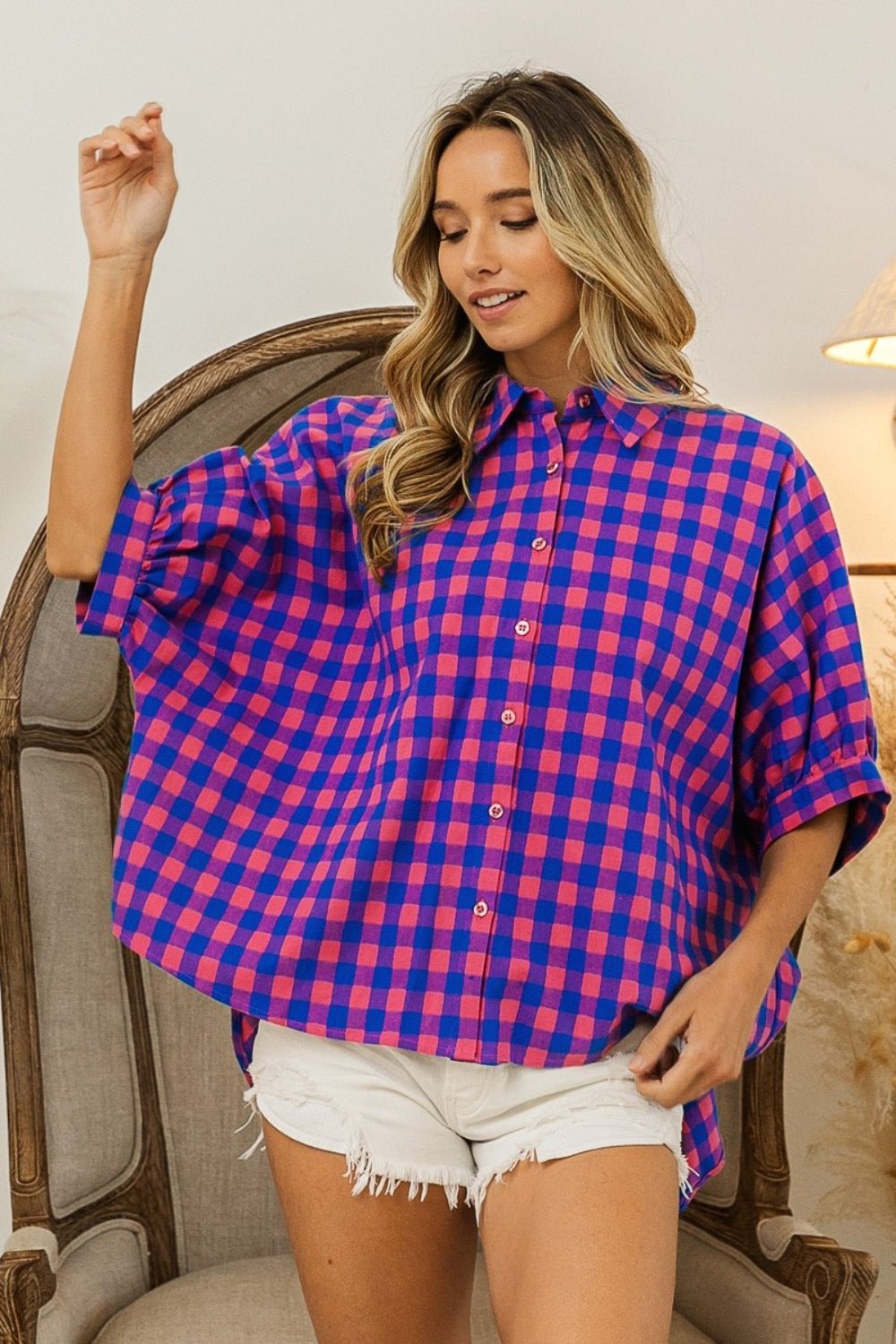 BiBi Plaid Button Up Dolman Sleeve Shirt - Admiresty