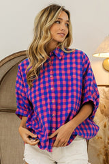 BiBi Plaid Button Up Dolman Sleeve Shirt - Admiresty