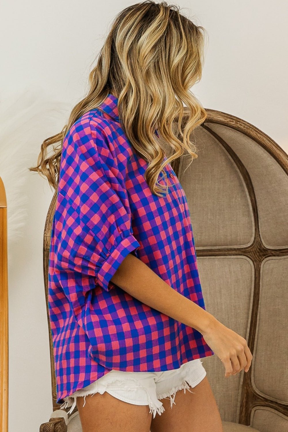 BiBi Plaid Button Up Dolman Sleeve Shirt - Admiresty