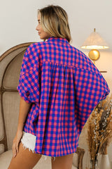 BiBi Plaid Button Up Dolman Sleeve Shirt - Admiresty