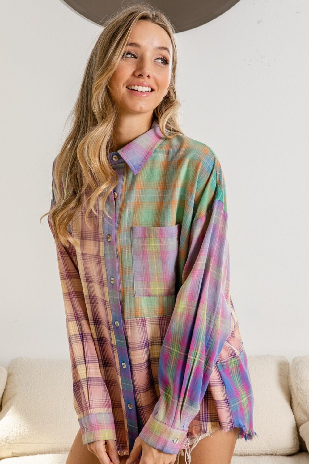 BiBi Plaid Color Block Button Up Shirt - Admiresty