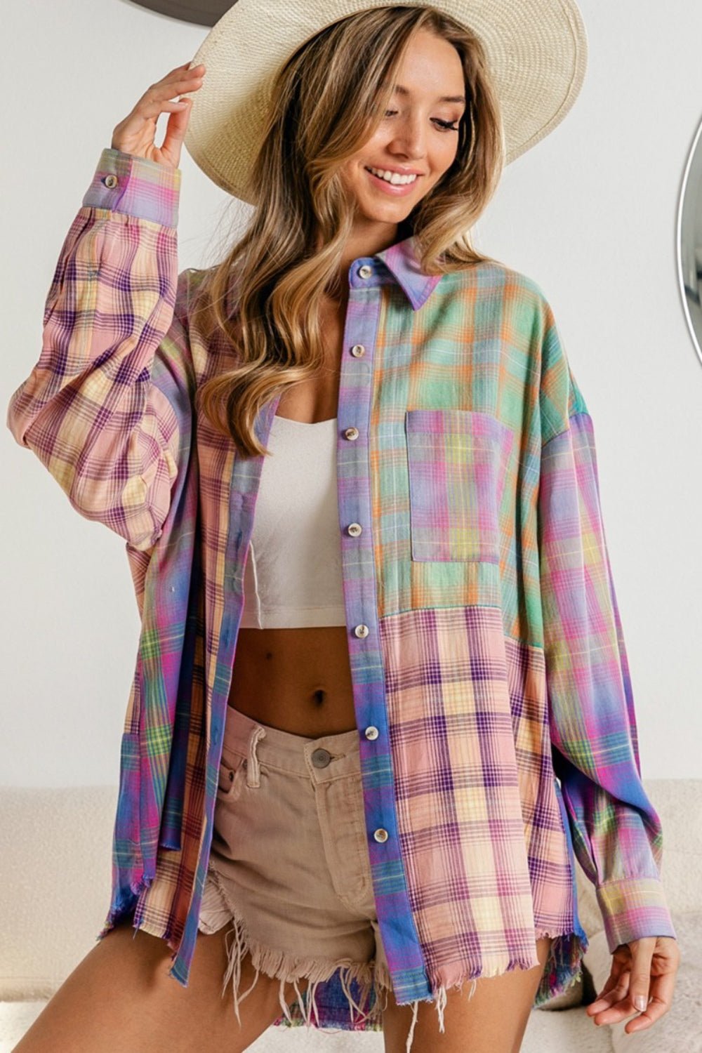 BiBi Plaid Color Block Button Up Shirt - Admiresty