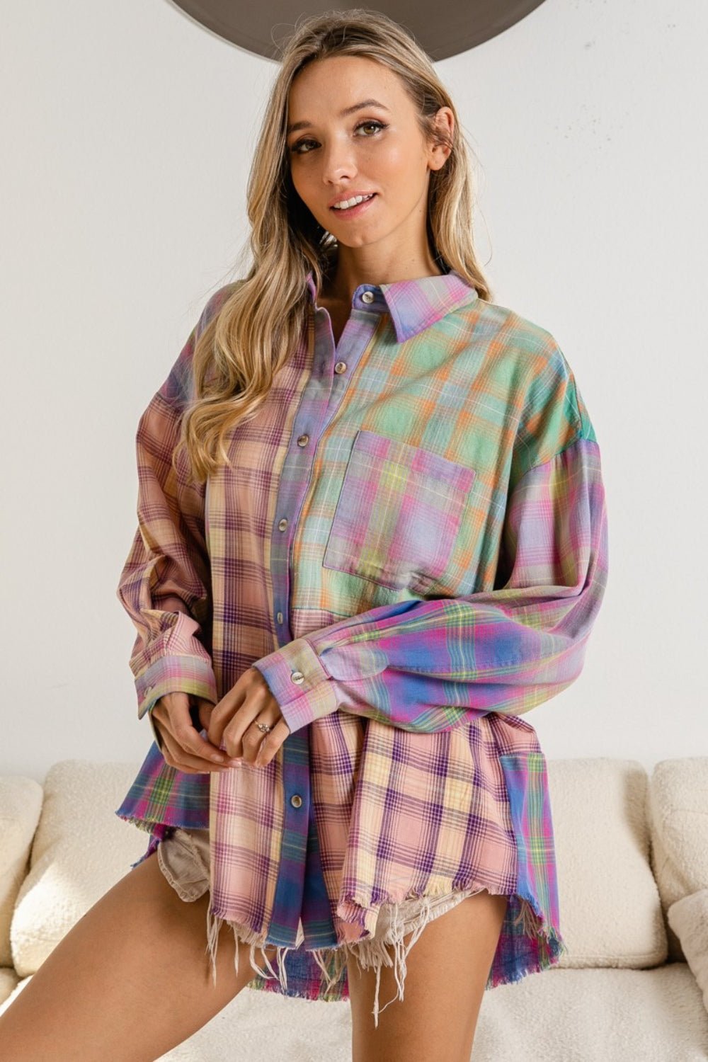 BiBi Plaid Color Block Button Up Shirt - Admiresty