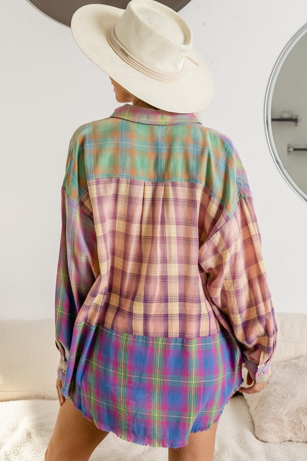 BiBi Plaid Color Block Button Up Shirt - Admiresty