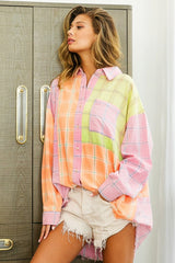 BiBi Plaid Color Block Raw Hem Shirt - Admiresty