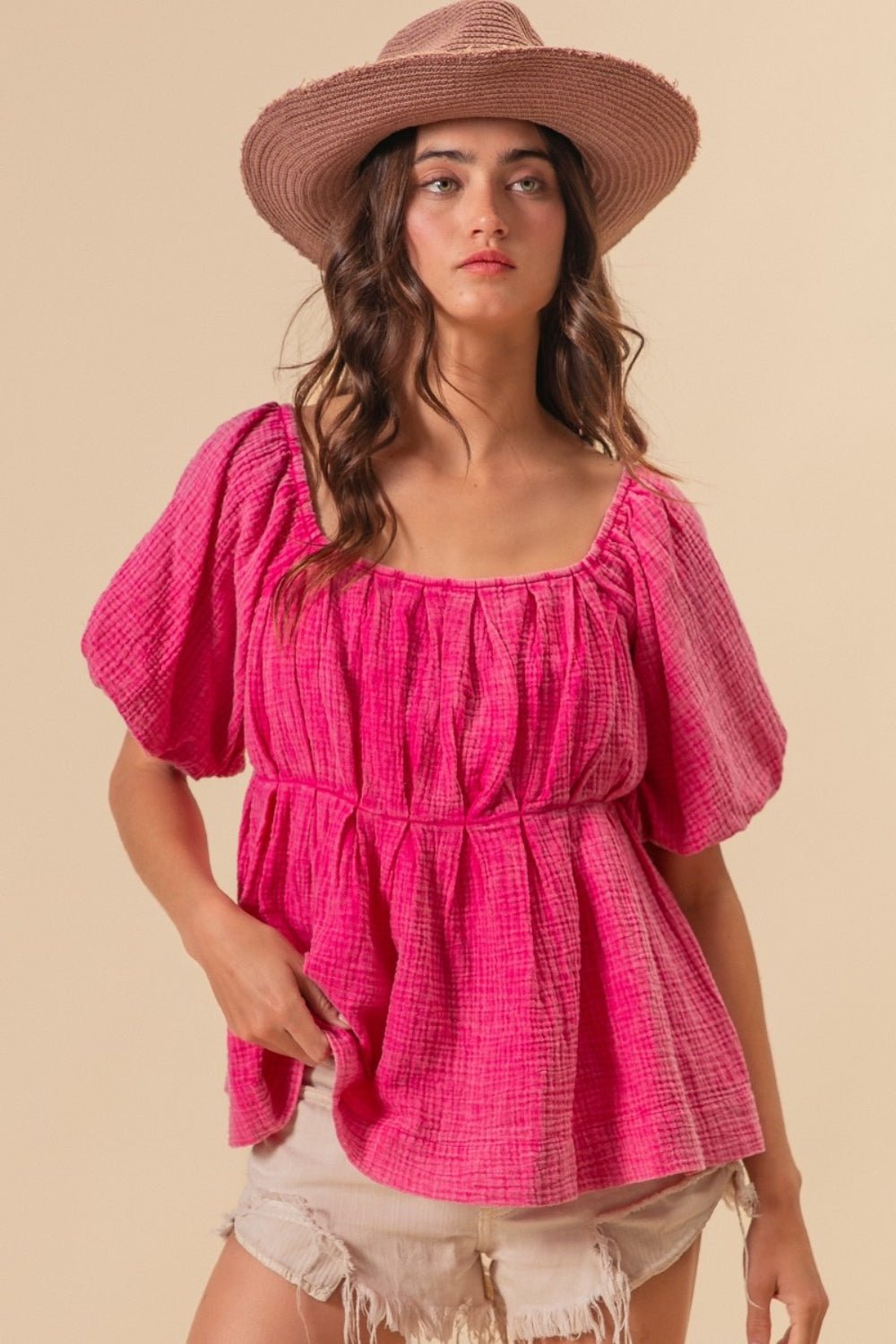 BiBi Pleated Puff Sleeve Washed Blouse - Admiresty