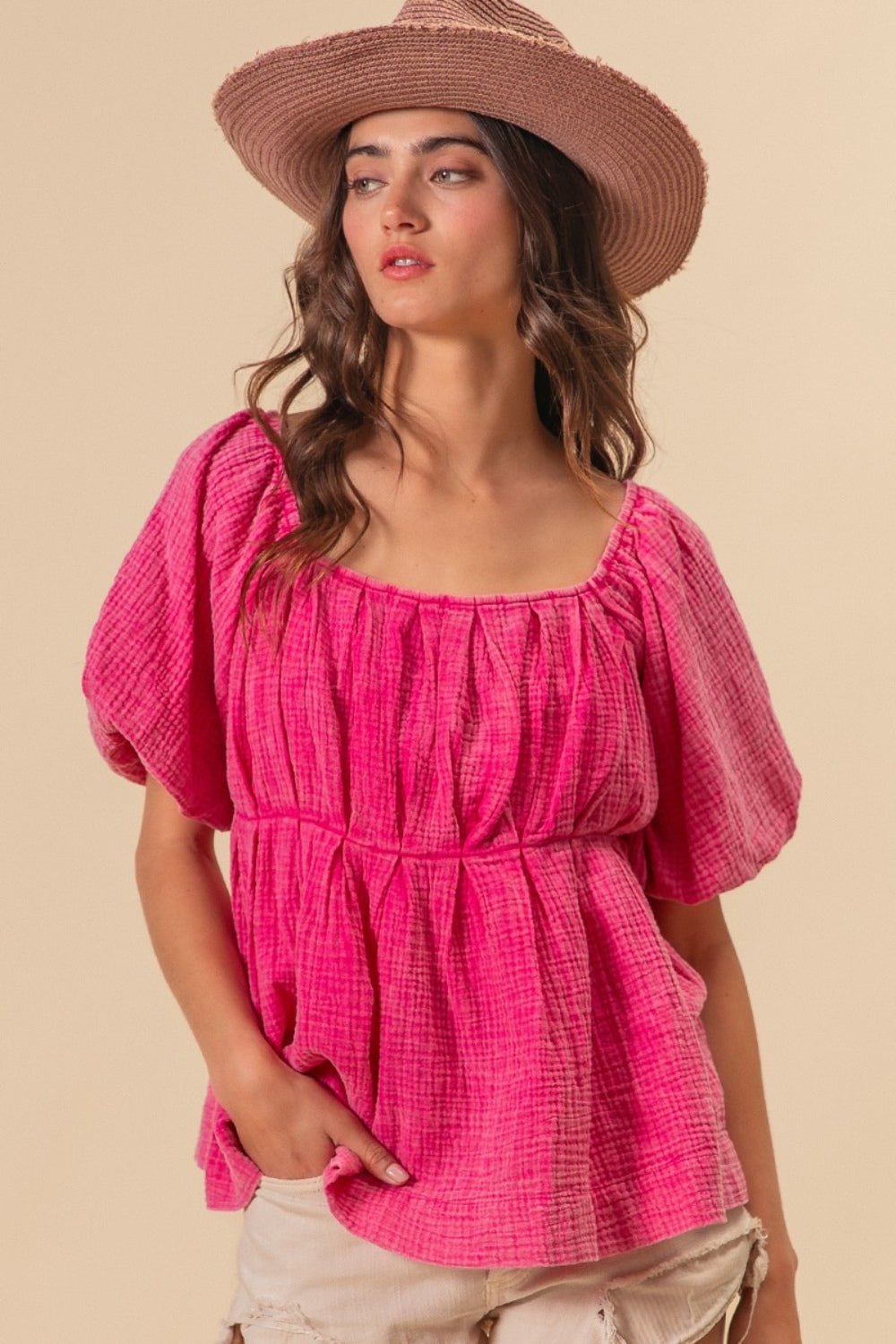 BiBi Pleated Puff Sleeve Washed Blouse - Admiresty