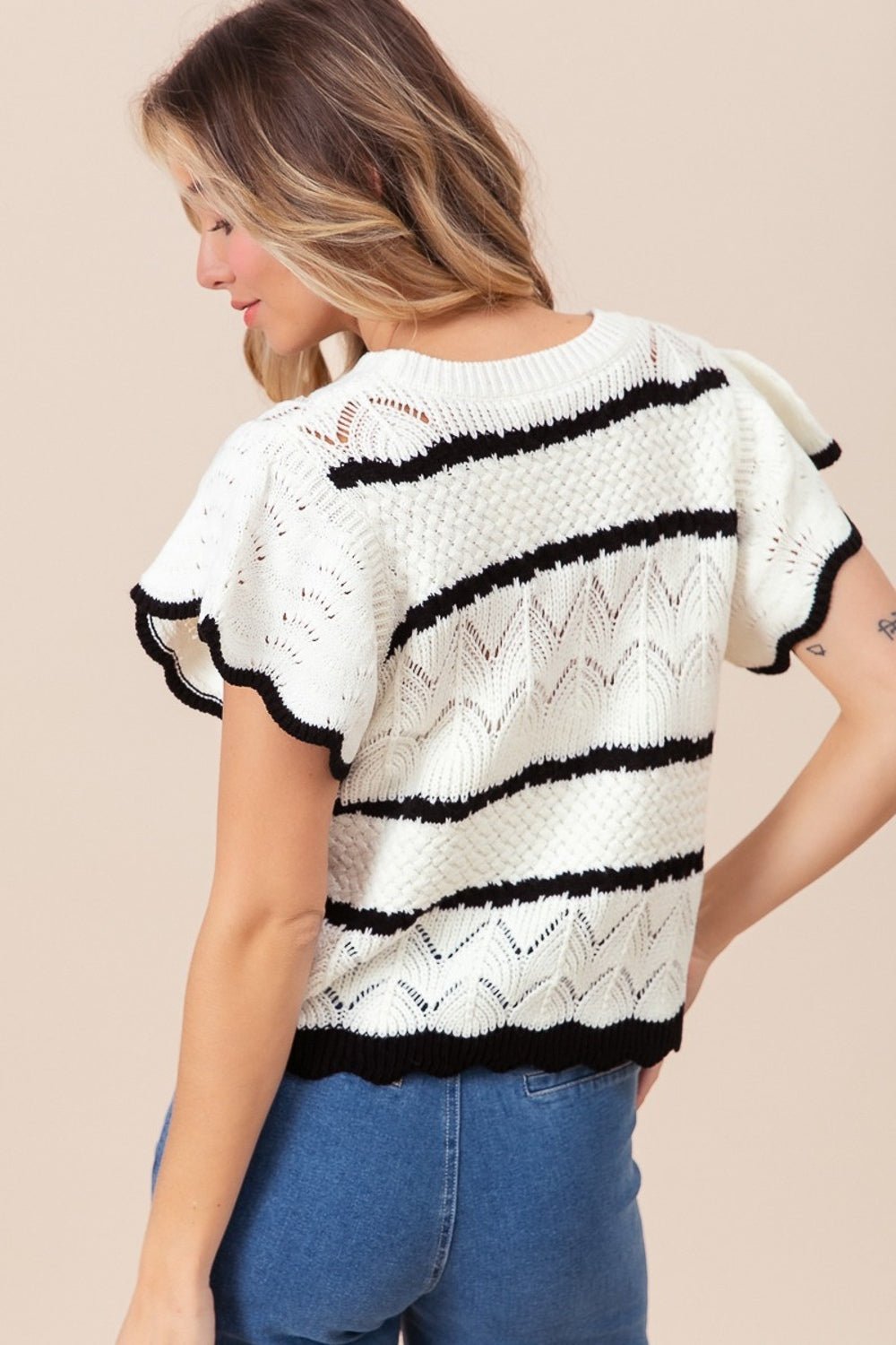 BiBi Pointelle Contrast Striped Short Sleeve Knit Top - Admiresty