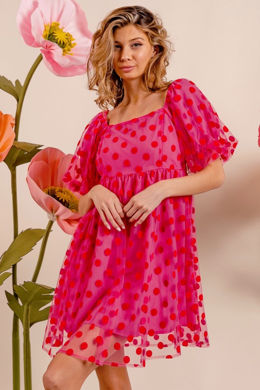 BiBi Polka Dot Mesh Puff Sleeve Dress - Admiresty