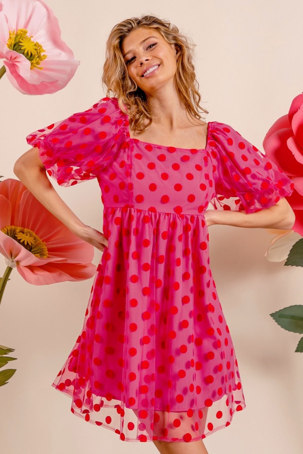 BiBi Polka Dot Mesh Puff Sleeve Dress - Admiresty