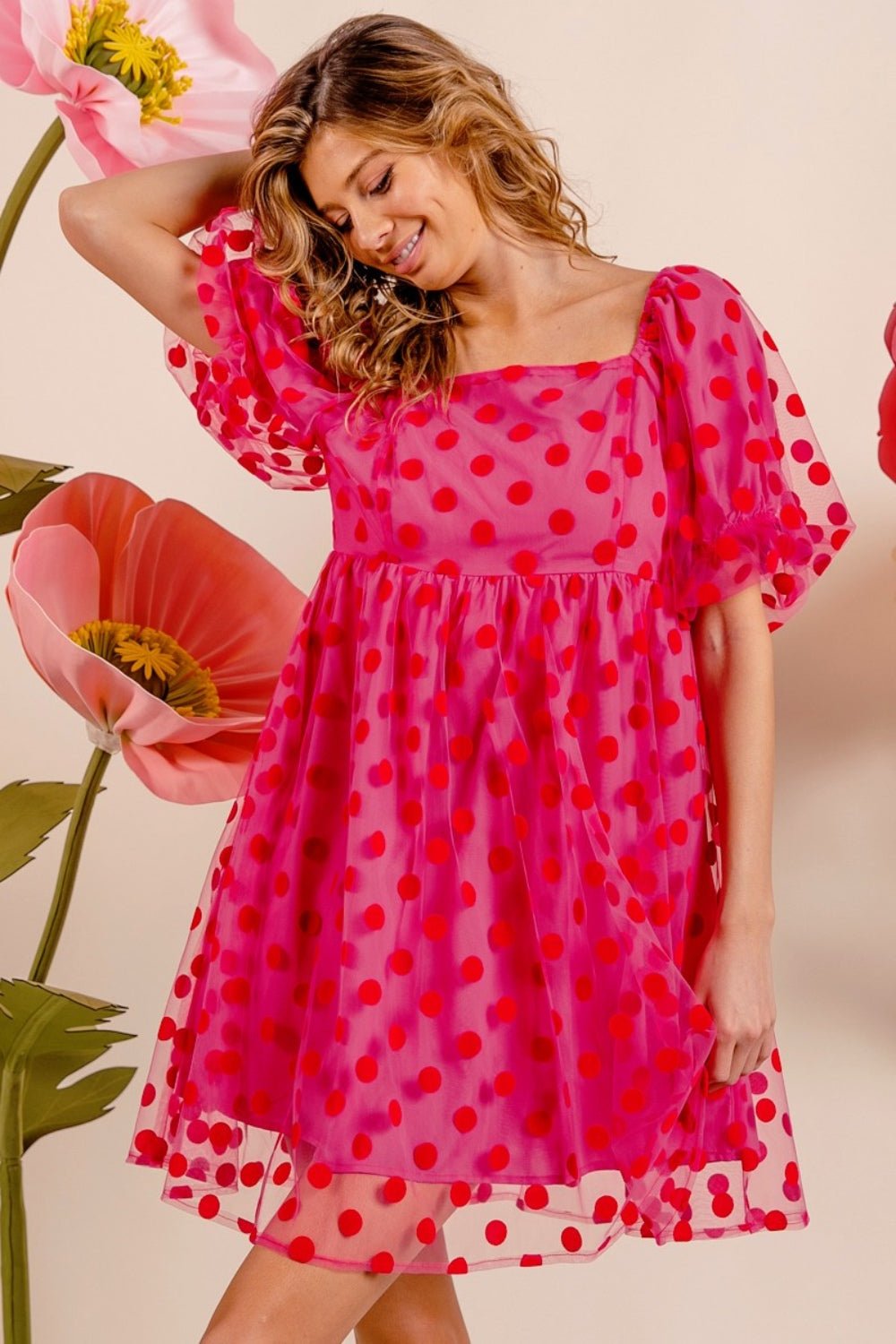 BiBi Polka Dot Mesh Puff Sleeve Dress - Admiresty