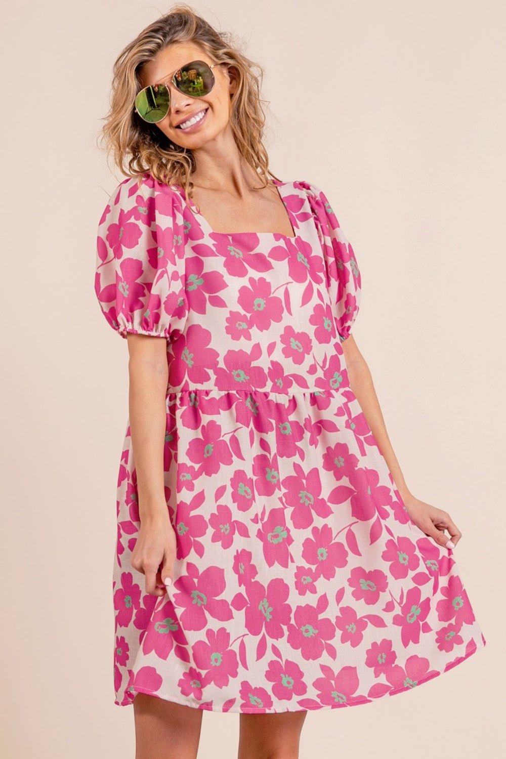 BiBi Printed Square Neck Puff Sleeve Mini Dress - Admiresty