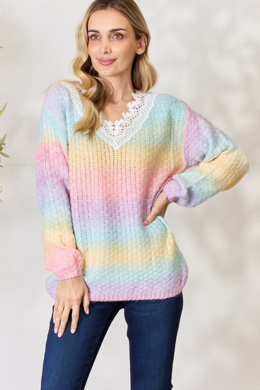 BiBi Rainbow Gradient Crochet Deetail Sweater - Admiresty