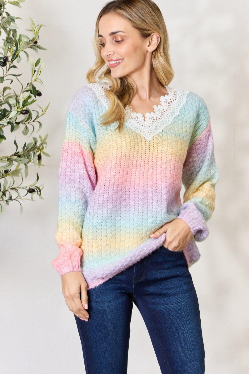 BiBi Rainbow Gradient Crochet Deetail Sweater - Admiresty