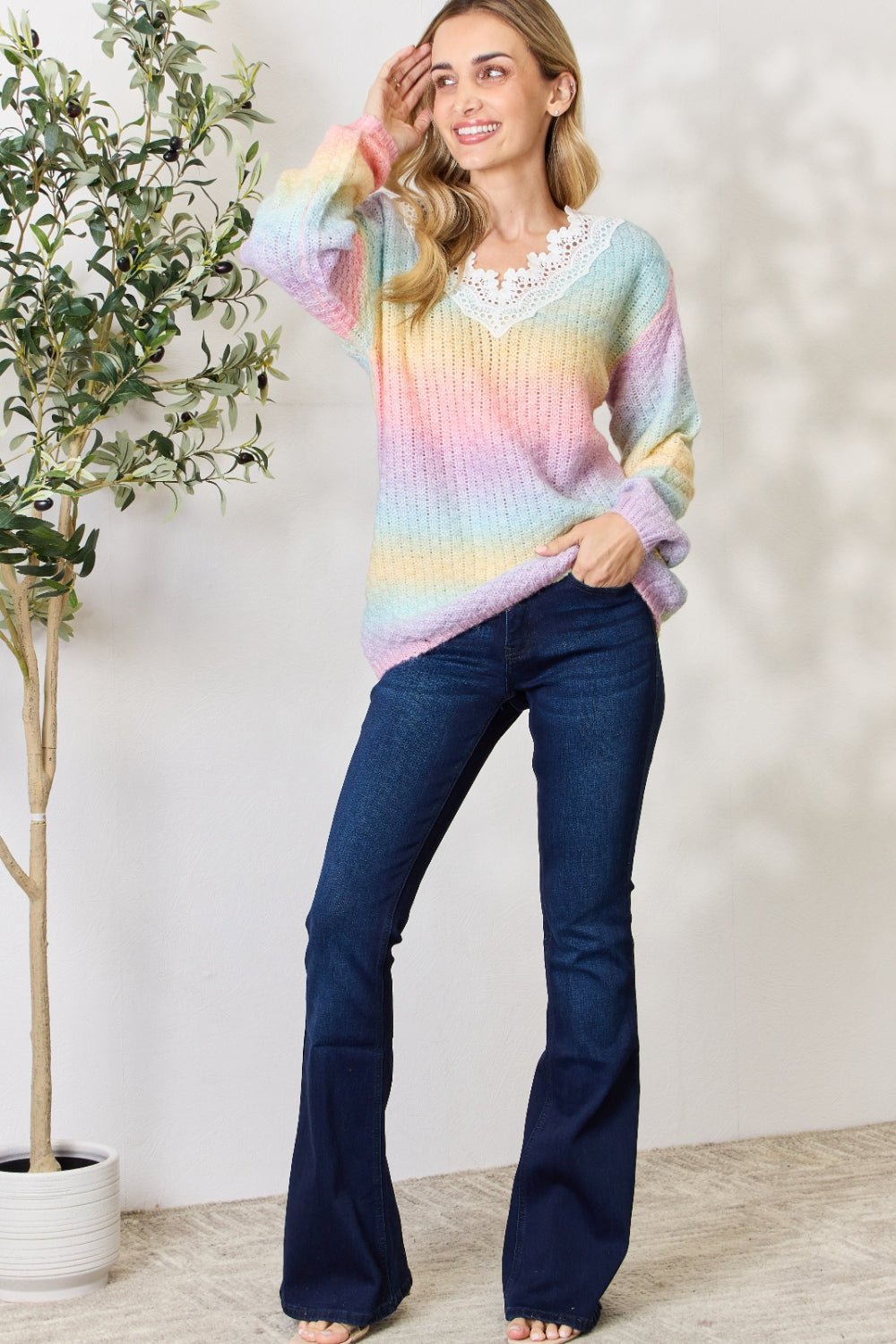 BiBi Rainbow Gradient Crochet Deetail Sweater - Admiresty