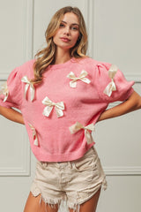 BiBi Ribbon Bow Detail Puff Sleeve Sweater - Admiresty